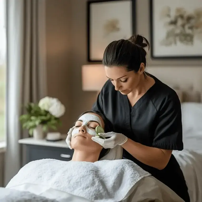 Woman getting a facial treatment at home by a professional.